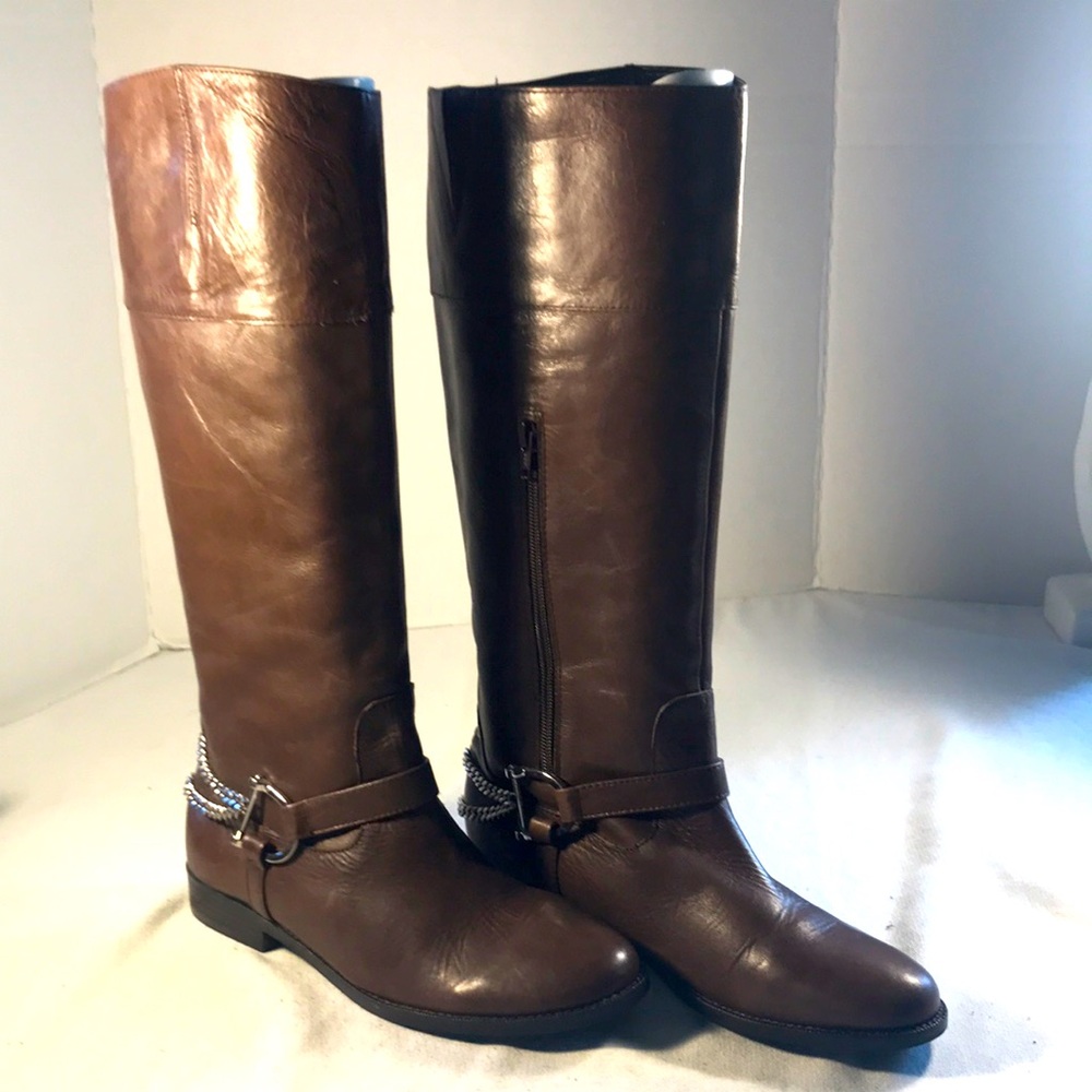 Lauren Ralph Lauren Jacque Women's Brown Side Zip With Chain Straps Riding Boots